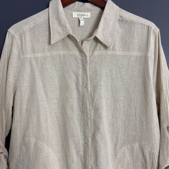 Umgee Cotton Blend Beige White Stripe Lace Trim Button Front Shirt XL - Picture 5 of 15
